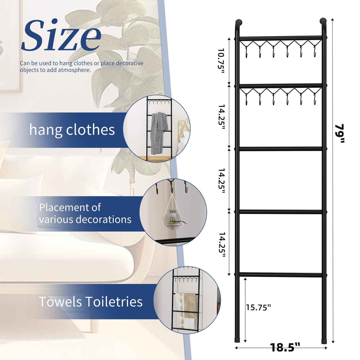 Simple Trending Blanket Ladder，5 Tier Metal Towel Rack with 12 Hooks, 79'' Metal Style Decorative Ladder for The Living Room Bedroom Bathroom Home Decor, Black