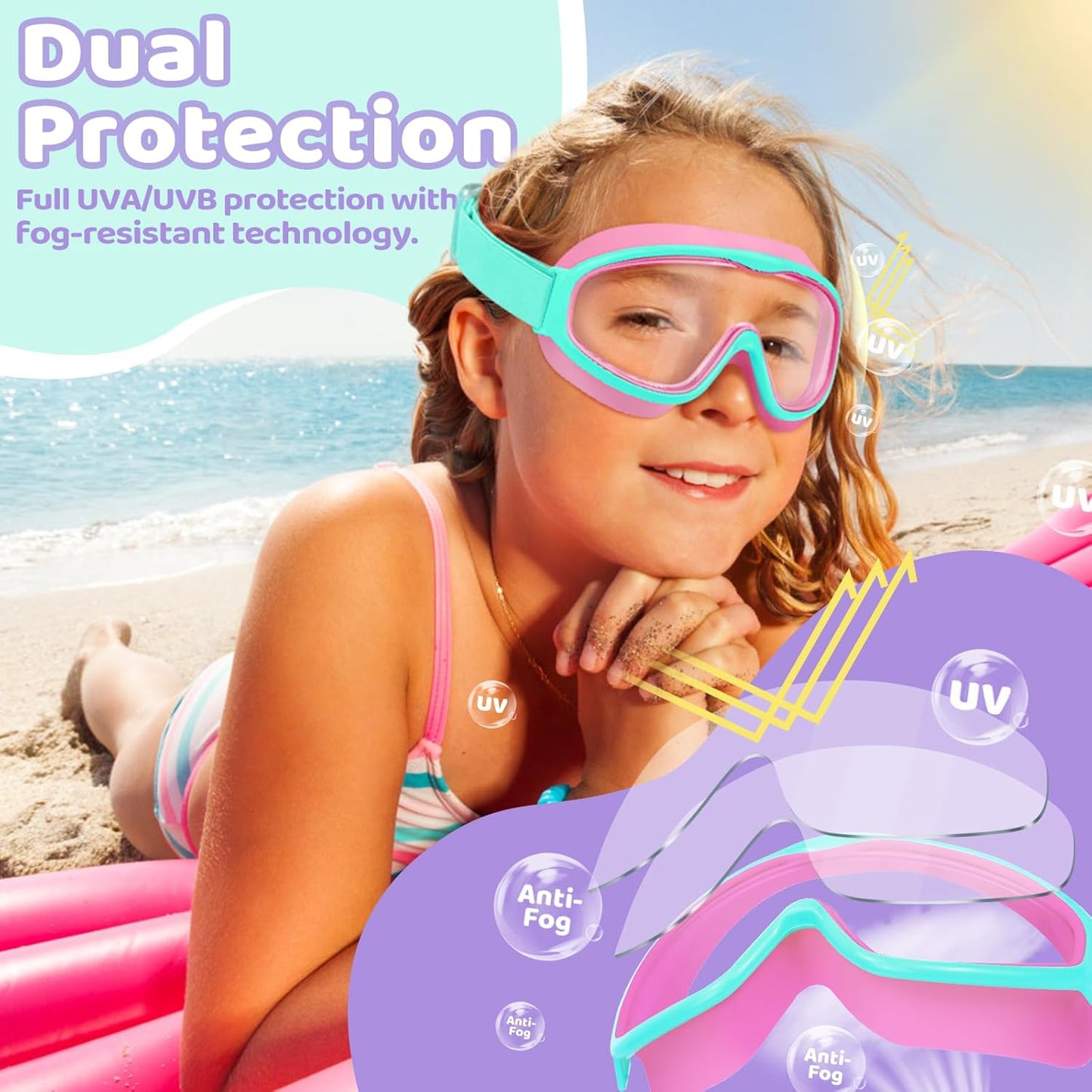 Vvinca Kids Swim Goggles - Anti-Fog, UV Protection, No Leak | 2 Pack with Comfort Fabric Strap for Ages 3-14