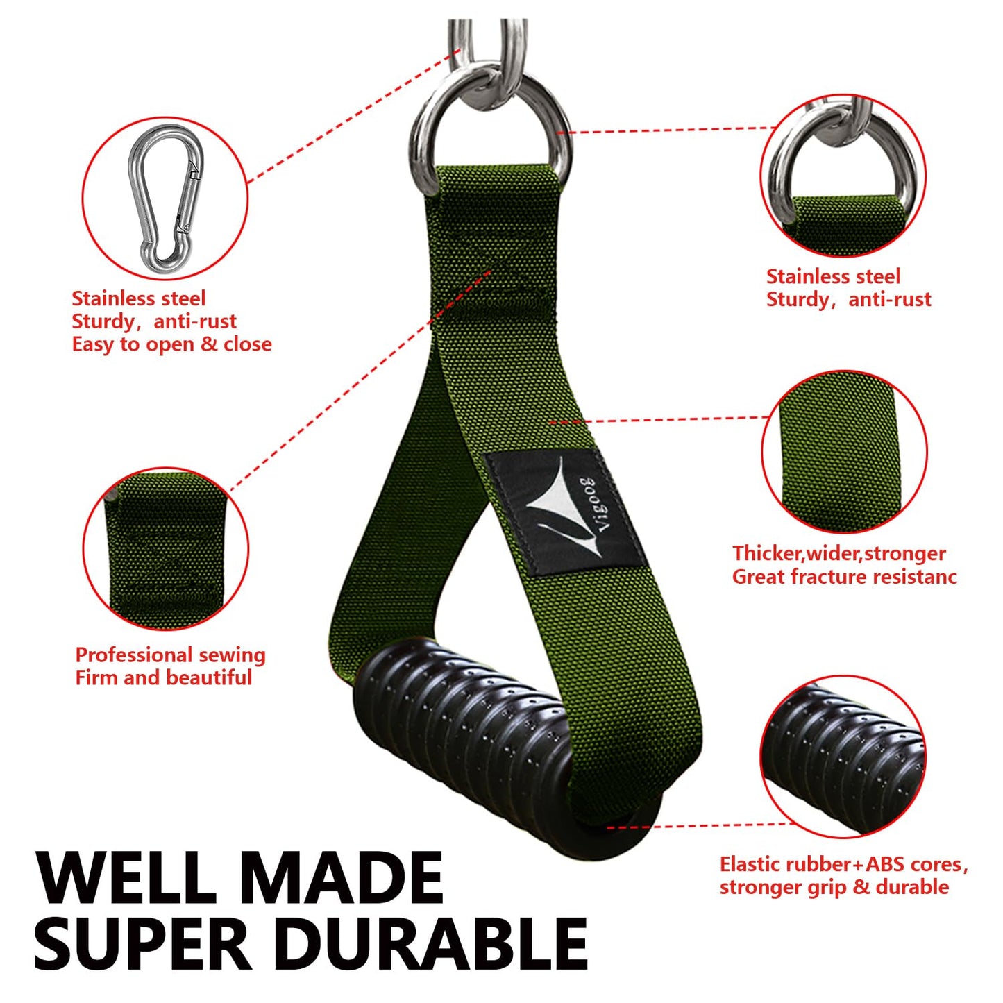 Vigoog Heavy Duty Gym Exercise Handles Attachment for Cable Machine,Resistance Band,Pulley System Home Fitness Workout Equipment, with Elastic Rubber Grip and 2 Large Carabiners (Military Green xw)