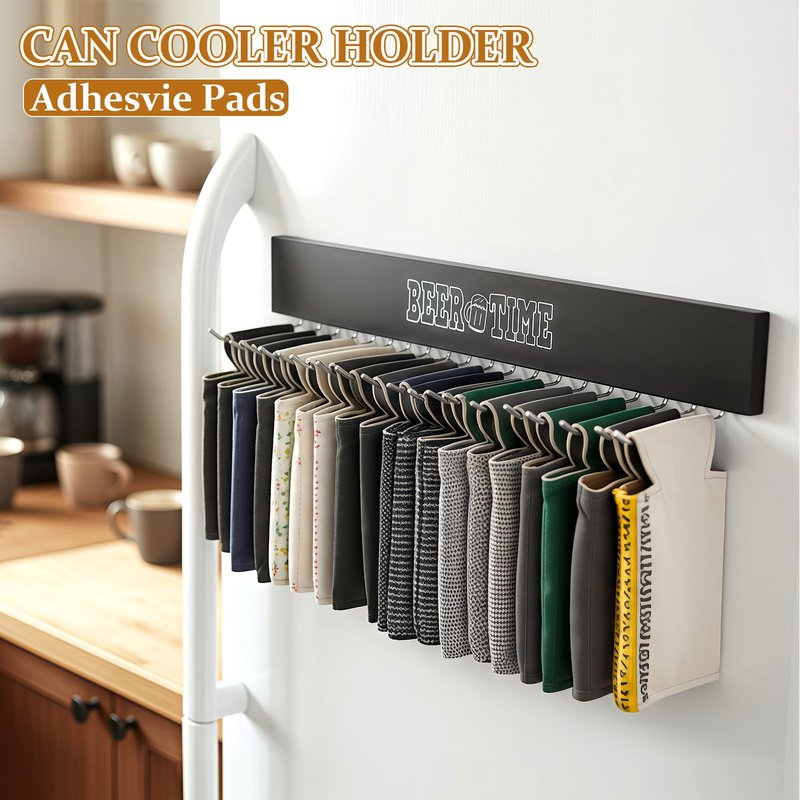 Stick on Can Cooler Holder Storage Wall Mount, Cooler Organizer Rack with 20 Rotatable Metal Hooks, Adhesive Drink Cooler Dispenser, Wooden Beer Sleeve Accessories for Fridge & Wall, Rust-Resistant