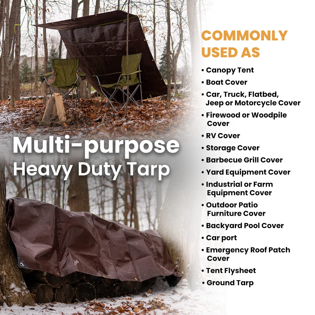 WHITEDUCK Super Heavy Duty Poly Tarp Cover 16 Mil & 10 Mil with Grommets and Reinforced Edges (Brown, White & Silver Black) (Brown- 16 Mil, 12' x 25')
