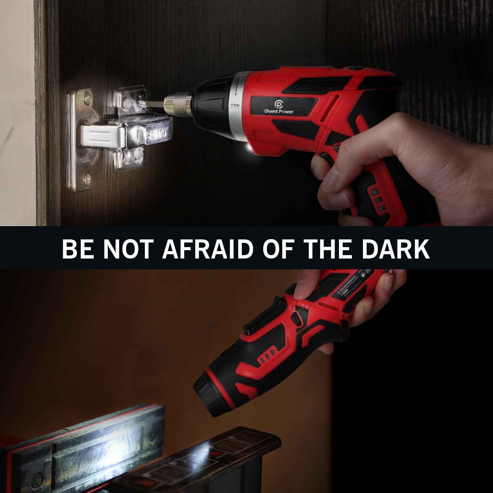 C P CHANTPOWER Cordless Electric Screwdriver Set，6+1 Torque Gears,1/4'' Hex Self-Lock Chuck, 4V Rechargeable lightweight Screwdriver with 11 pcs Accessories, Flashlight, Charger Red