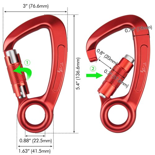 T-Fly Auto Locking Carabiner 35KN (7868 lbs), UIAA Certified 5.4" Climbing Rock Carabiner with Round Eyelet for Rappelling, Climbing, Ropes (Red)