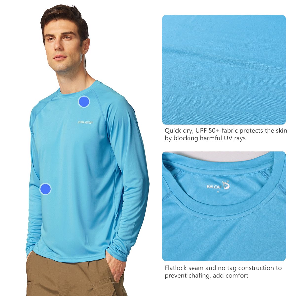 baleaf Mens UPF 50+ Sun Protection Shirts Long Sleeve Rash Guard, Quick Dry 4-Way Stretch for Fishing Swimming Surfing 2 Pack-Blue 2XL