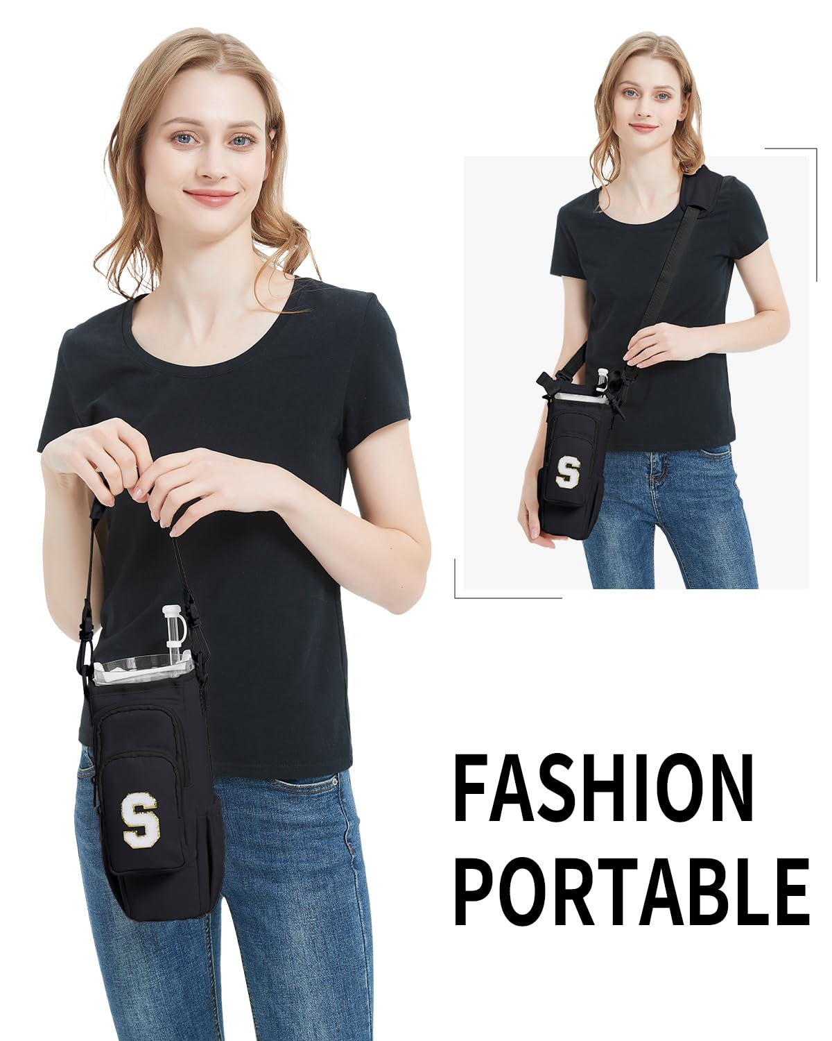 sportsnew Birthday Gifts for Women Personalized Initial Water Bottle Holder with Strap fits Most 40oz Tumbler with Handle Water Bottle Carrier Bag with Phone Pocket & Straw Topper Tumbler Accessories