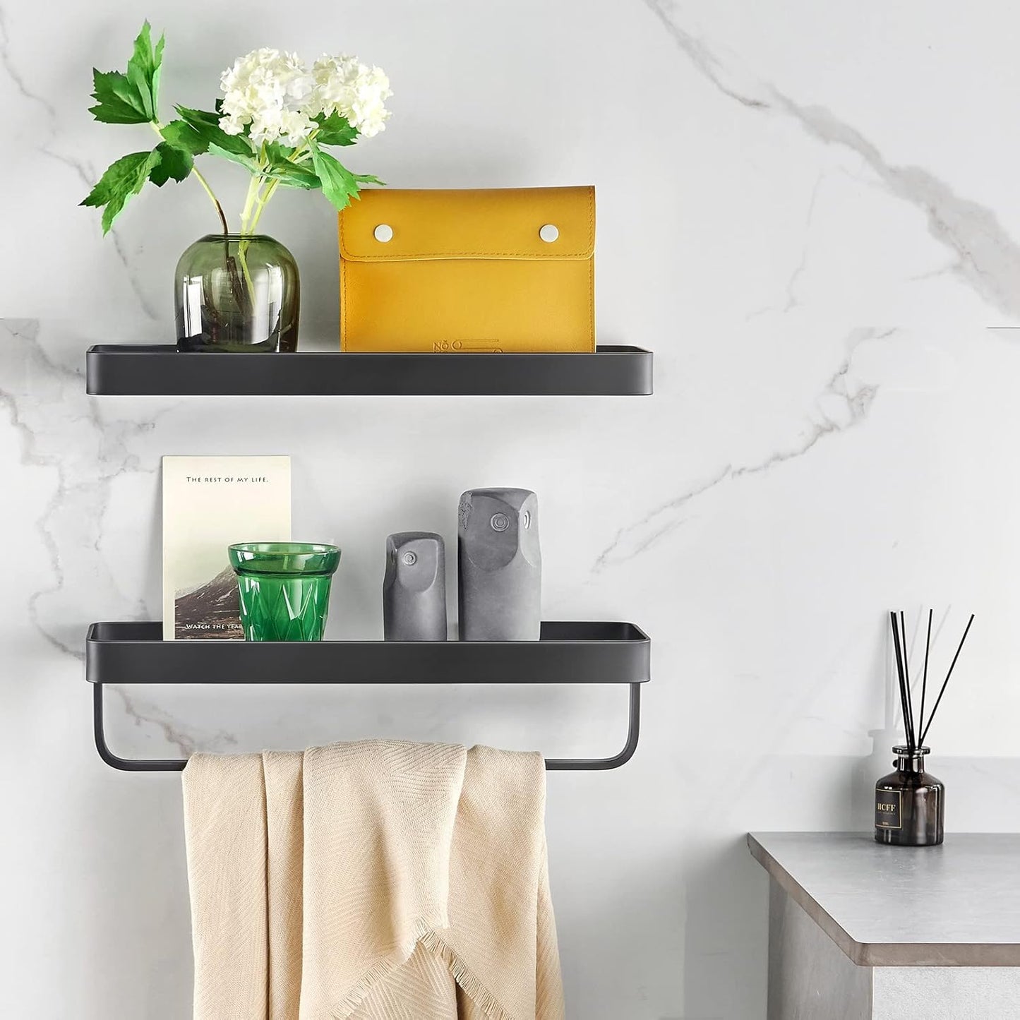 Wall Mounted Glass Bathroom Shelves - 2-Tier Floating Organizer in Black