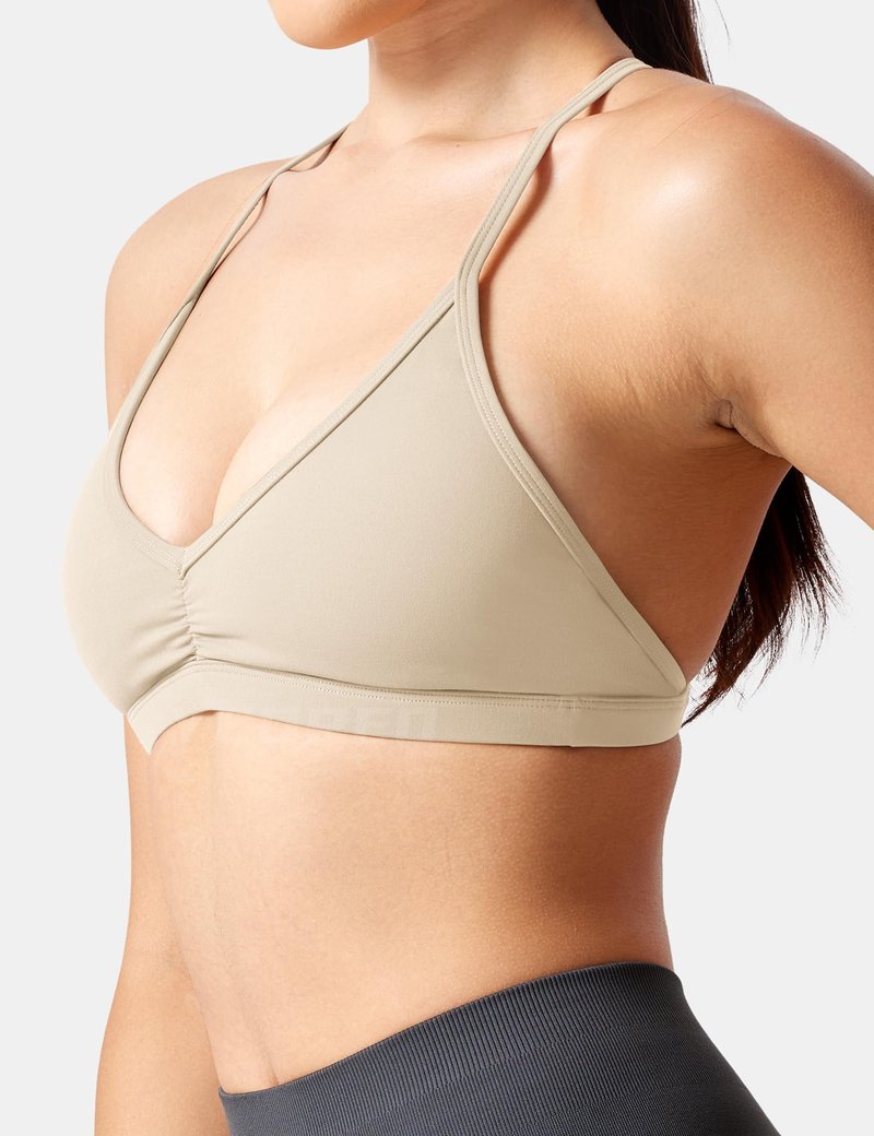 YEOREO Workout Sports Bras for Women Padded Strappy Open Back Gym Bra Light Impact Criss Cross Yoga Crop Top Light Khaki-M