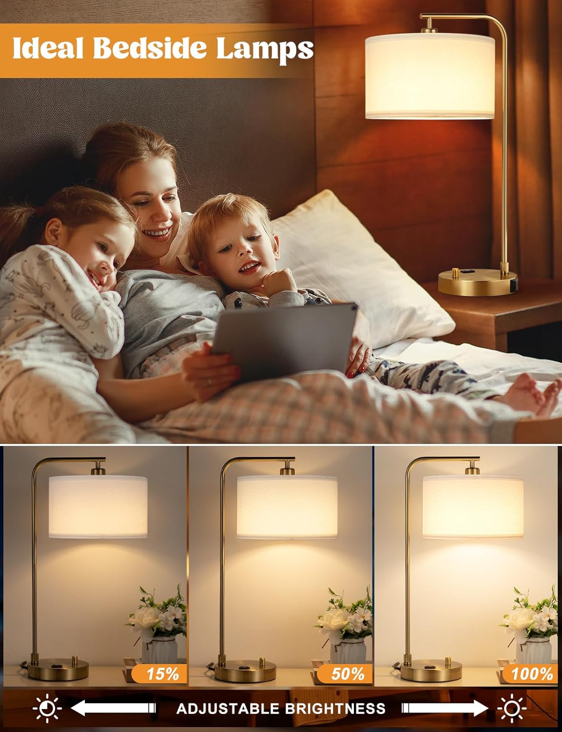 Dimmable Tall Table Lamp with USB Port & Outlet - Linen Shade Bedside Desk Lamp for Bedroom, Living Room, Home Office