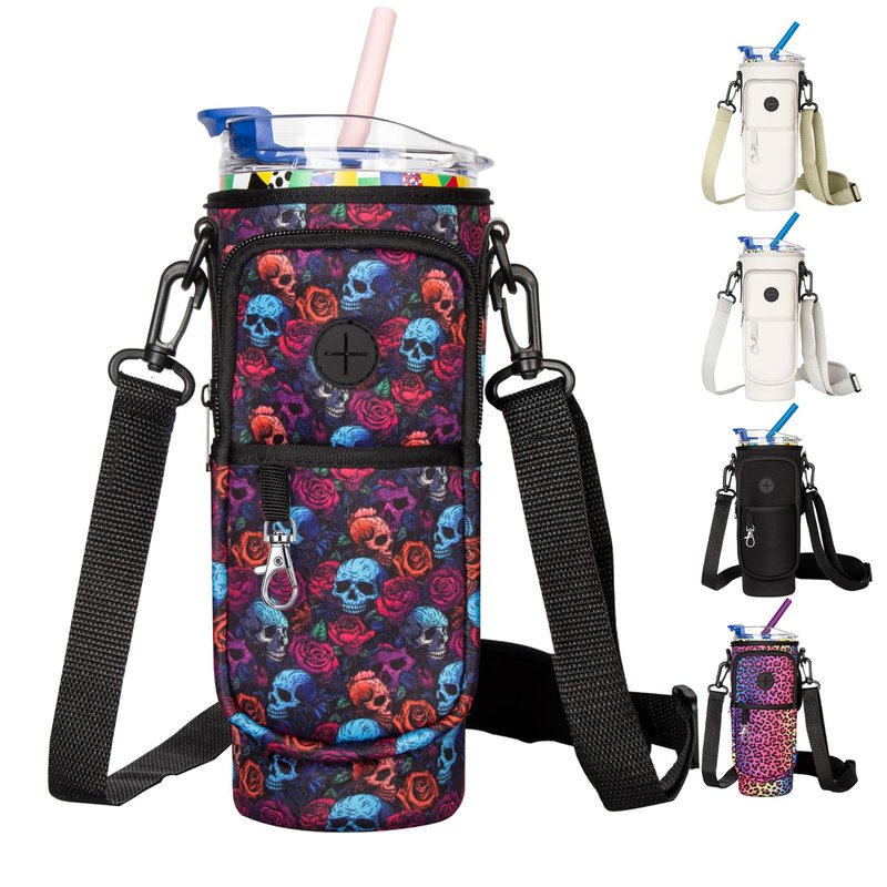 Tzuoieo Water Bottle Holder with Strap for Stanley 40oz Tumbler with Handle, Water Bottle Carrier Bag with Phone Pocket, Wrap Around Drink Pocket Carrier with Adjustable Shoulder Strap & Carabiner