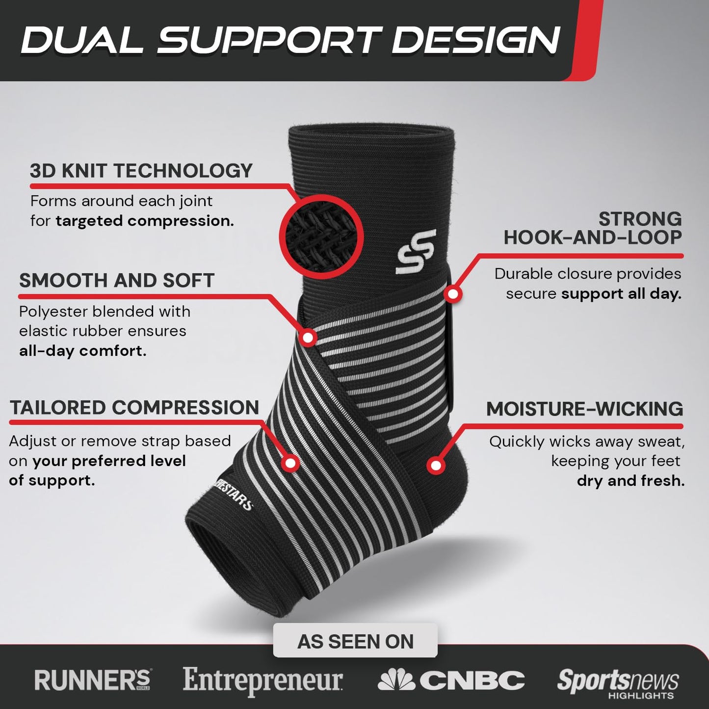 Sleeve Stars Ankle Brace - Adjustable Compression Sleeve with Removable Strap & Turmeric Curcumin Supplement Bundle for Joint Support