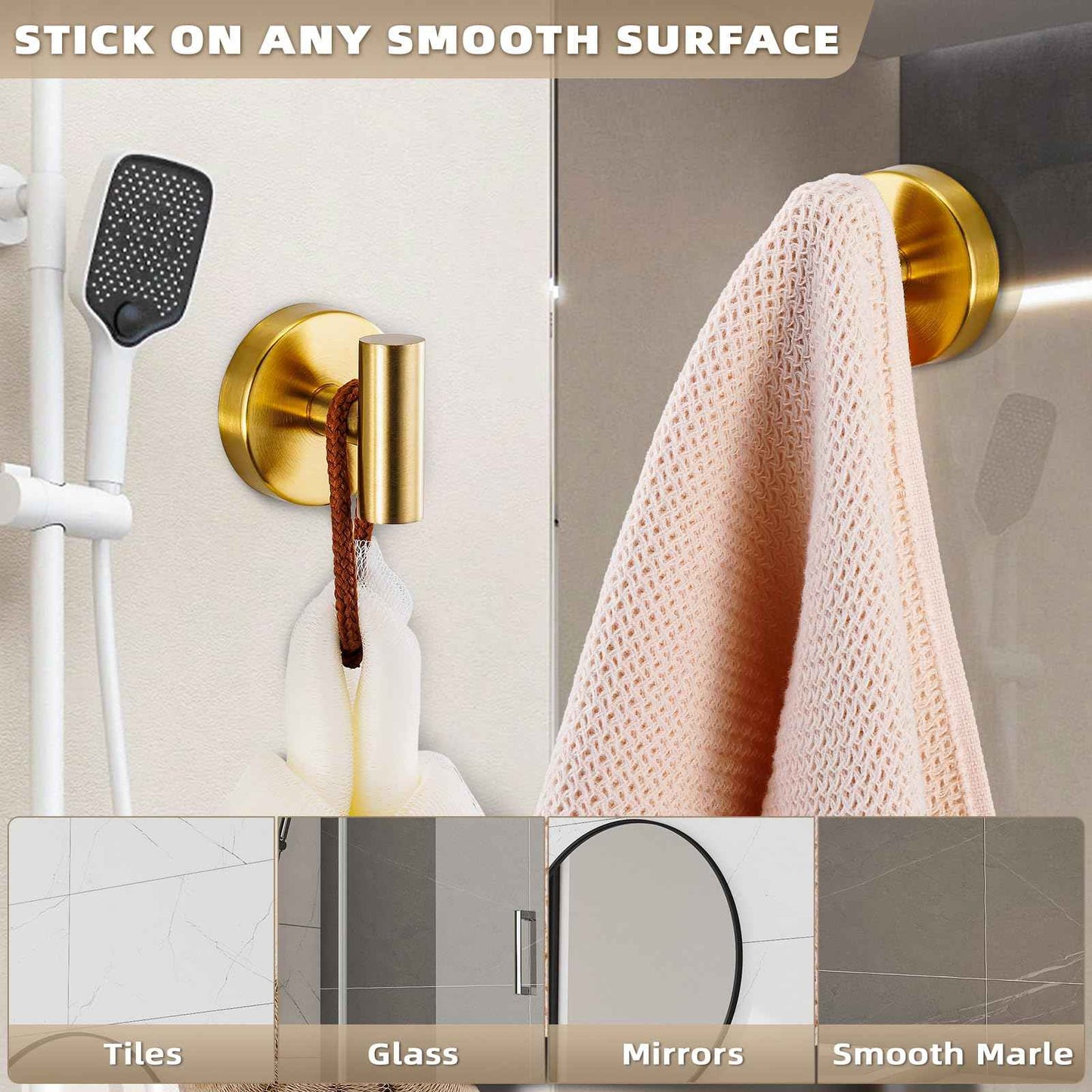 Fenas Suction Cup Hooks for Shower - Bathroom Reusable Hooks for Towels, Robes & Loofah - No-Drill Mounting on Kitchen,Walls,Metal,Glass,Mirrors,Tile & Smooth Non-Porous Surfaces (2, Brushed Gold)