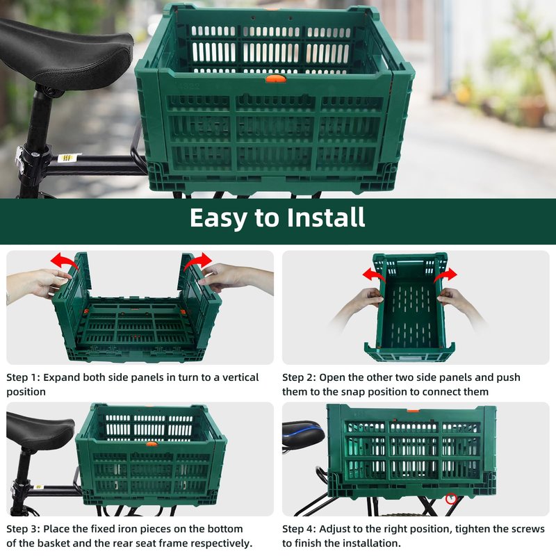 Bike Basket Rear, Foldable 35L Large Capacity Rear Bike Basket, and Durable Bicycle Foldable Rear Basket, Waterproof Cover for Shopping,Outings,Pets E-Bike Accessories (Green)