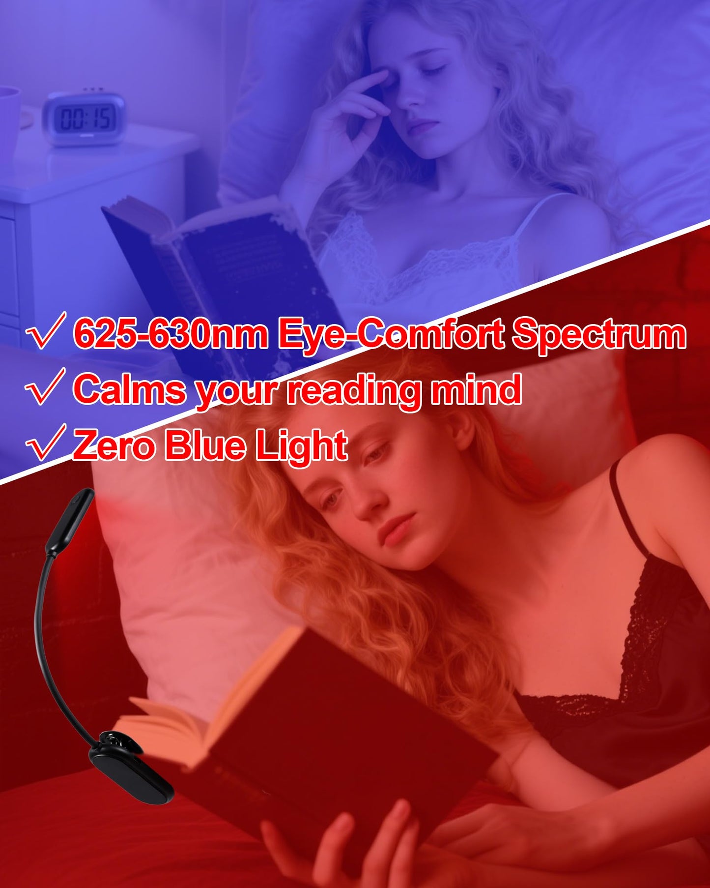 Finezeal 625nm Red Book Light - Rechargeable Clip On Red Reading Light Therapy for Sleep - No Blue-Light, Poratble LED Book Lamp, Gift for Kids Students Travel Nursing Studying - 3 Adjustable Modes