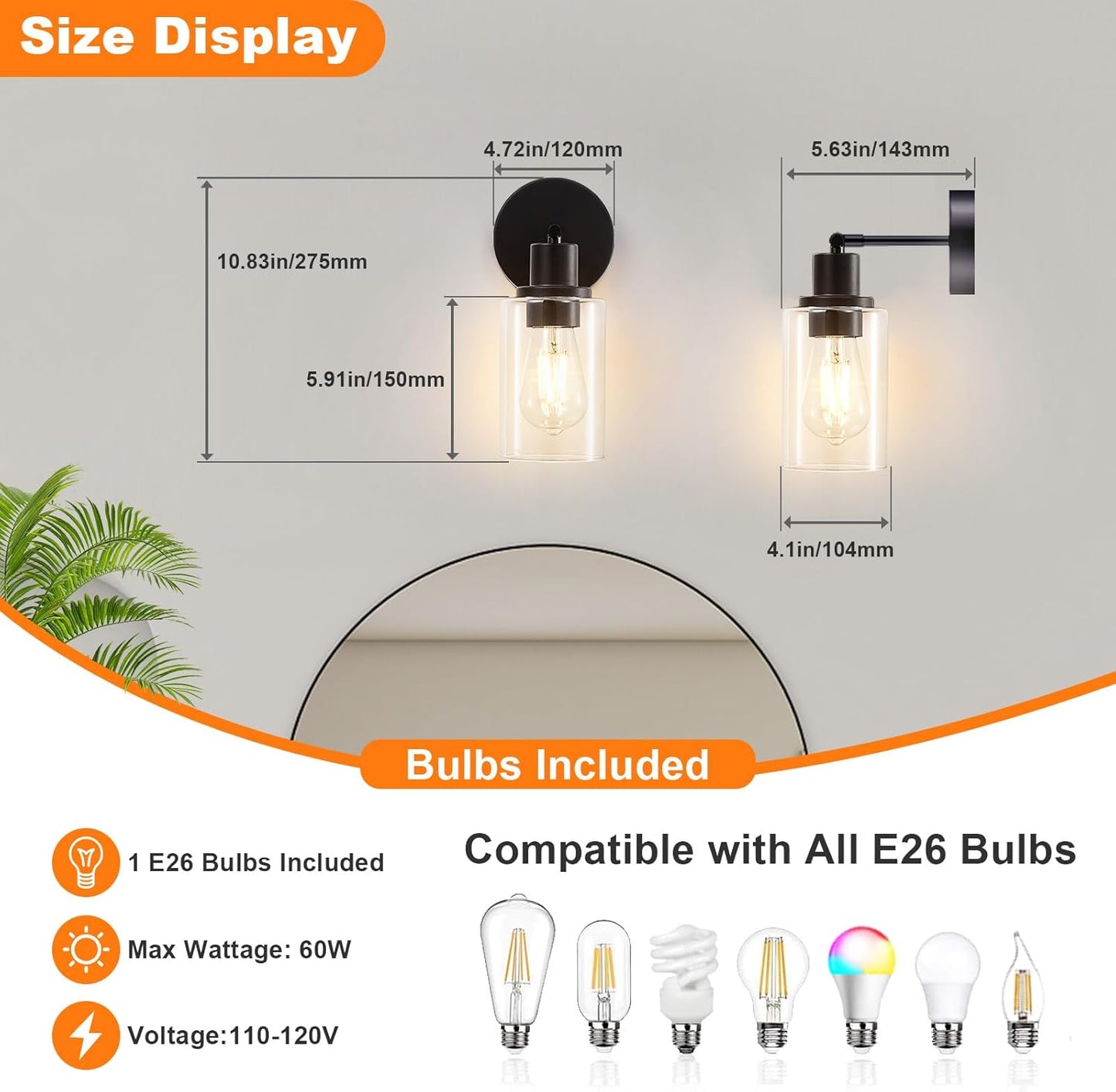 Modern Black 3-Light Bathroom Vanity Light Fixtures with Clear Glass Shades - 2 Pack