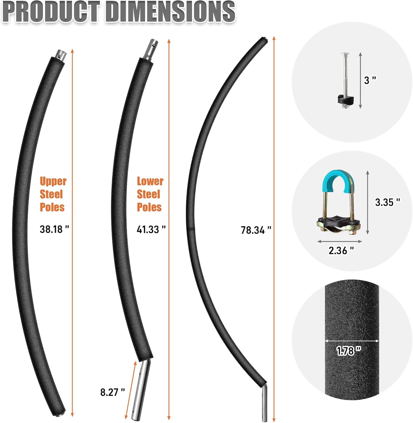 Skiennix Trampoline Curved Poles - Universal Replacement Enclosure for 8-16FT Frames | Foam Sleeve & Hardware Included