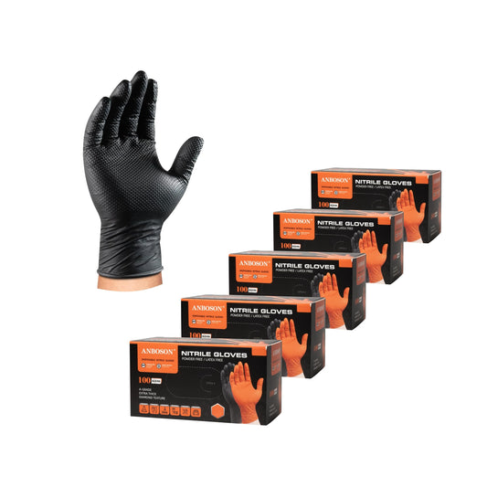 ANBOSON 10mil Nitrile-Gloves Disposable-Black Chemical-Resistant Rubber - Mechanic Gloves Heavy Duty, Latex Free, Diamond Grip (500, X-Large)