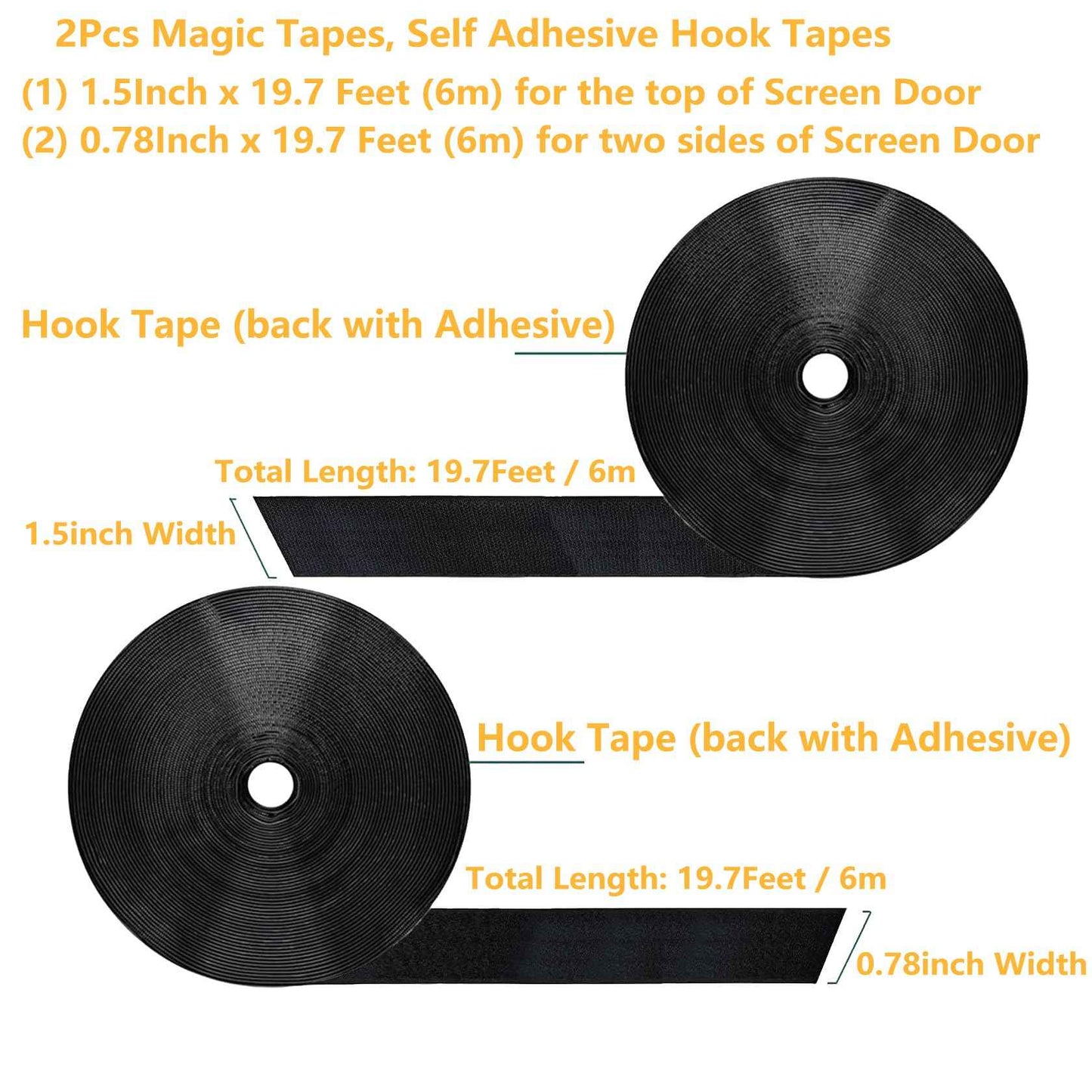 YoFuZiHu [2 Packs] Magic Tapes for 1 or 2 Cars Garage Door Screen, Self Adhesive Hook Tapes Sticky Back Fastening Roll, Nylon Strips Fastener, 1.57'' x 19.7ft (W x L) & 0.78'' x 19.7ft, Black