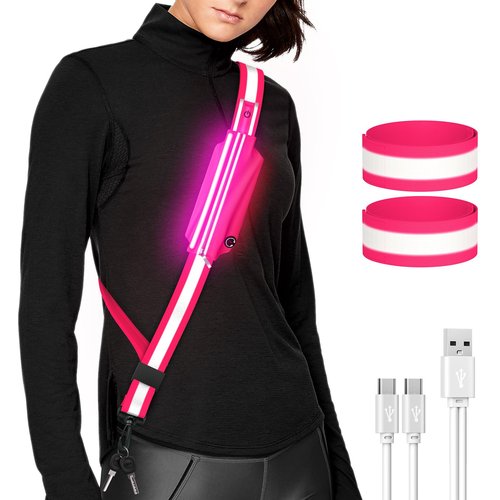 LED Belt Reflective Sash for Walking at Night,High Visibility Adjustable Night Running Safety Gear,Light Up Running Belt Reflective Gear with Phone Bag/Armband for Runners Walkers Men Women (Pink)