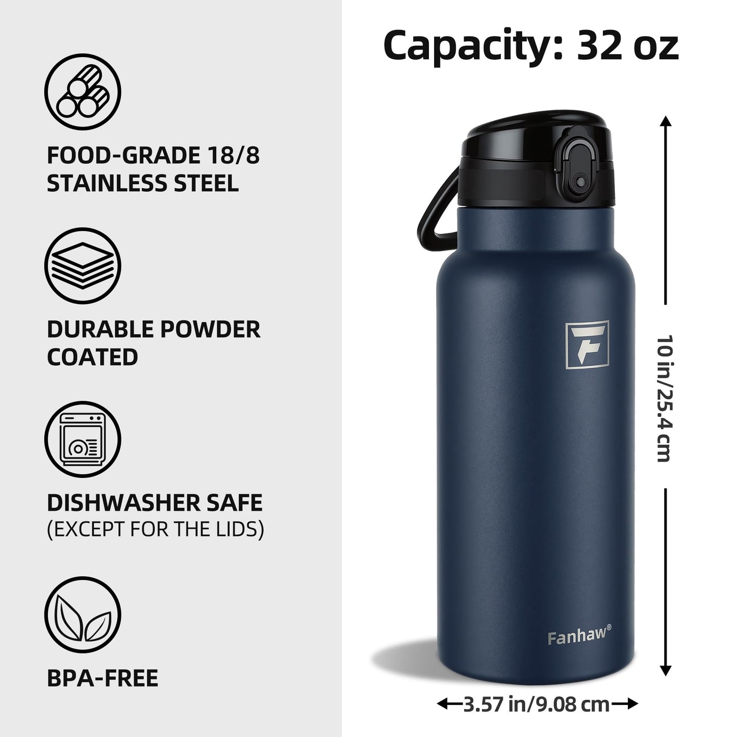 Fanhaw 32 Oz Insulated Stainless Steel Water Bottle with Chug Lid – Wide Mouth, Leak-Proof, BPA-Free – Ideal for Kids, Adults, Sports, Gym, and Outdoor Use (Navy Blue)