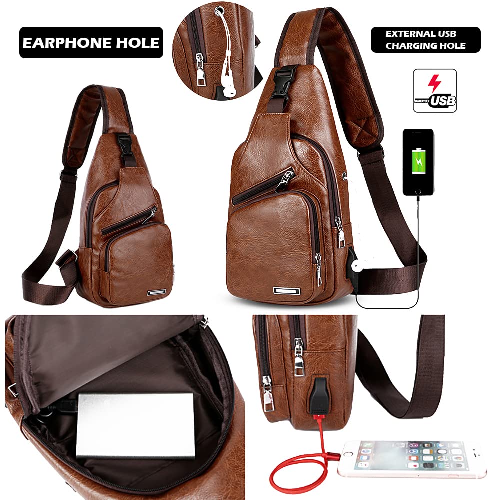 Peicees Leather Sling Bag Mens Crossbody Bag Chest Bag Sling Backpack for Men with USB Charge Port