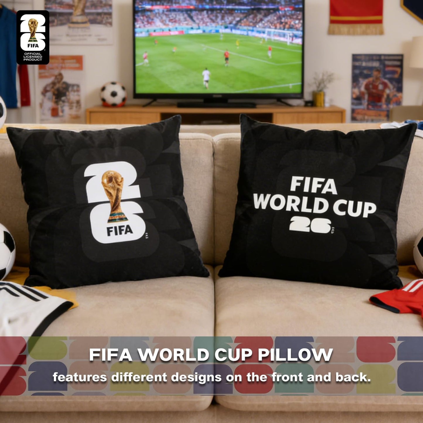 MESUCA FIFA World Cup 2026 Trophy Throw Pillow - Plush 18x18 Inch Cushion for Home Decor | Perfect Gift for Soccer Fans