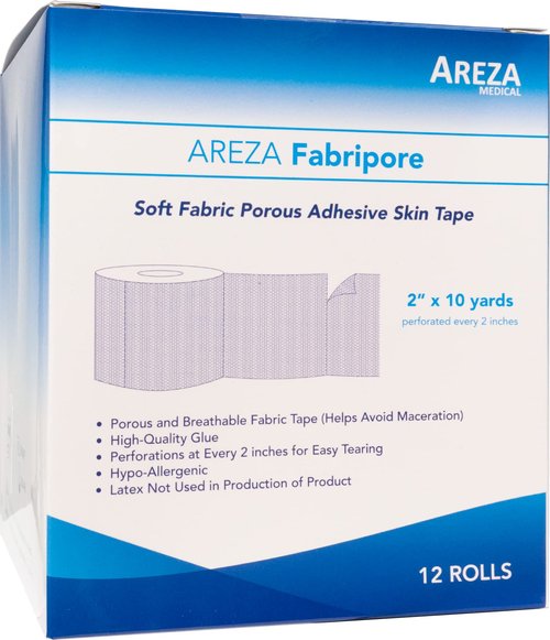 Areza Medical Surgical Tape - Porous Skin Soft Fabric Cloth Adhesive Tape - Fabripore - 2" x 10 yds. (5 cm x 9 m) - 12 Rolls per Box