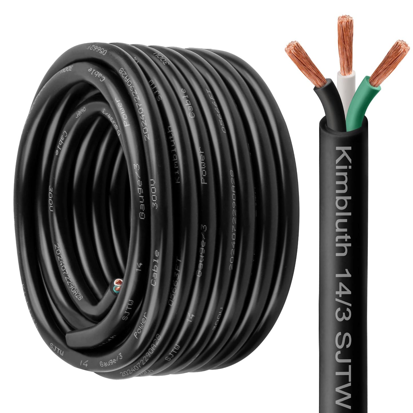 Kimbluth 14 Gauge 3 Conductor Wire SJTW Outdoor Extension Power Cable 100FT, 14/3 Wire Heavy Duty Pure Copper Electrical Wire for Lawn, Battery, Automotive, Outdoors