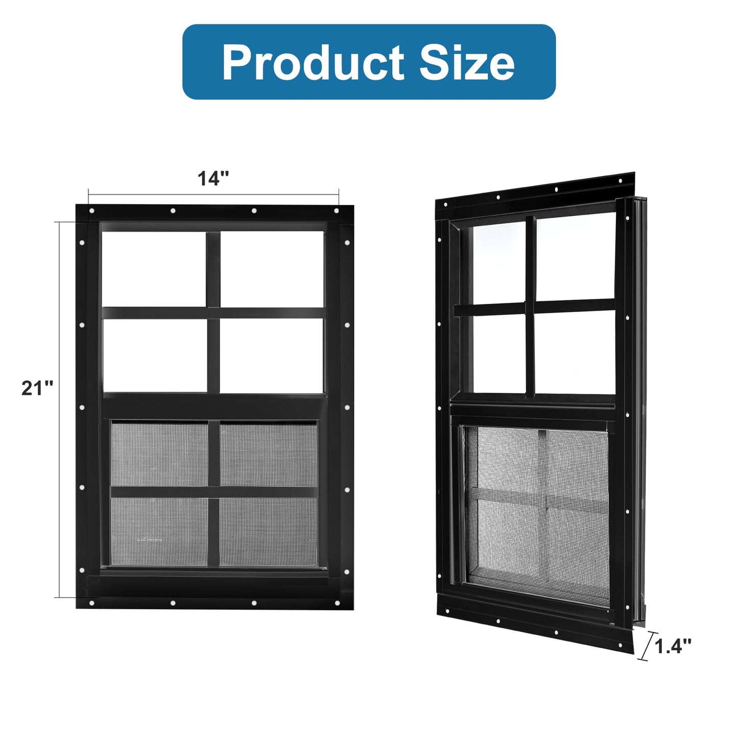 Ktondic 2 Pack Shed Window 14"X21" Black Flush Mount Household Windows with Tempered Glass and Fiberglass Screen for Shed Chicken Coop Playhouse and Garage