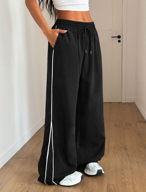 ZAFUL Womens Parachute Pants Y2k Baggy Elasitc Waist Track Pants Contrast Pipping Sweatpant Trousers(1-Black, M)