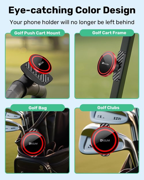 DEGUM Magnetic Golf Cart Phone Holder, Compatible with MagSafe iPhone 17 Pro Max Air 16 15 14 13 12 Series, for GPS & Golf Apps, Fits EZGO, Club Car, Yamaha, and Icon, Golf Cart Accessories (Red)
