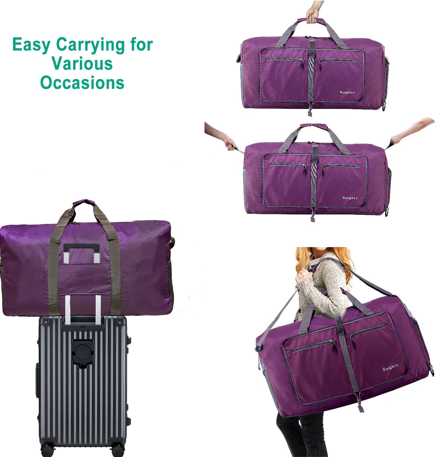 Woogwin Travel Duffel Bag - Large Waterproof & Foldable Overnight Bag for Gym, Beach, and Sports