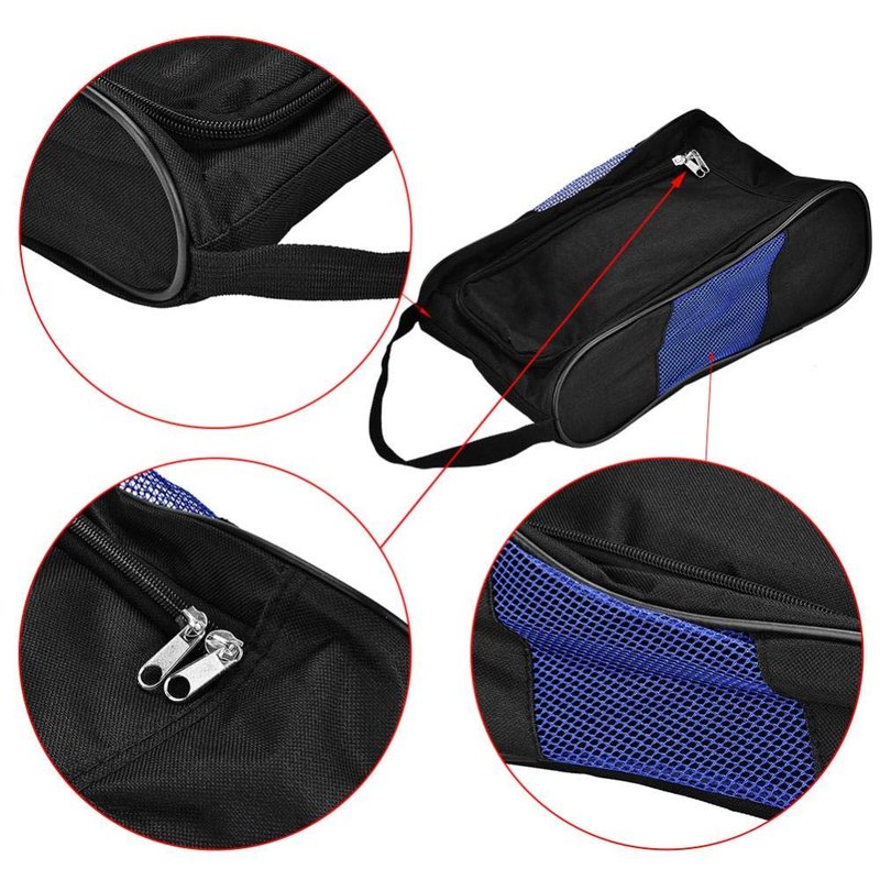 Portable Golf Shoes Bag Breathable Storage Organiser Zippered Shoe Bag with Pocket for Storing Sports Accessories Unisex(Black and Blue)