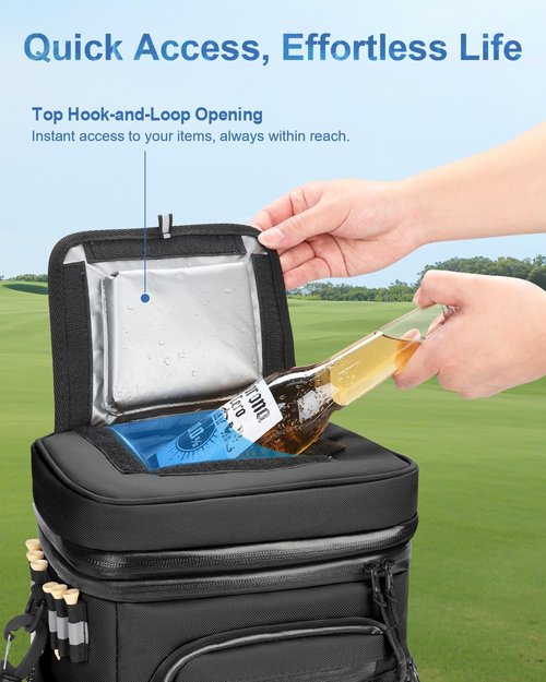 SKYJDM 14-Can Golf Cart Expandable Cooler Bag, Soft Insulated Cooler Bag with Hook-and-Loop Lid & Golf Tees Holder for Camping & Outdoor Activities, Fits on Golf Push Cart(Black)