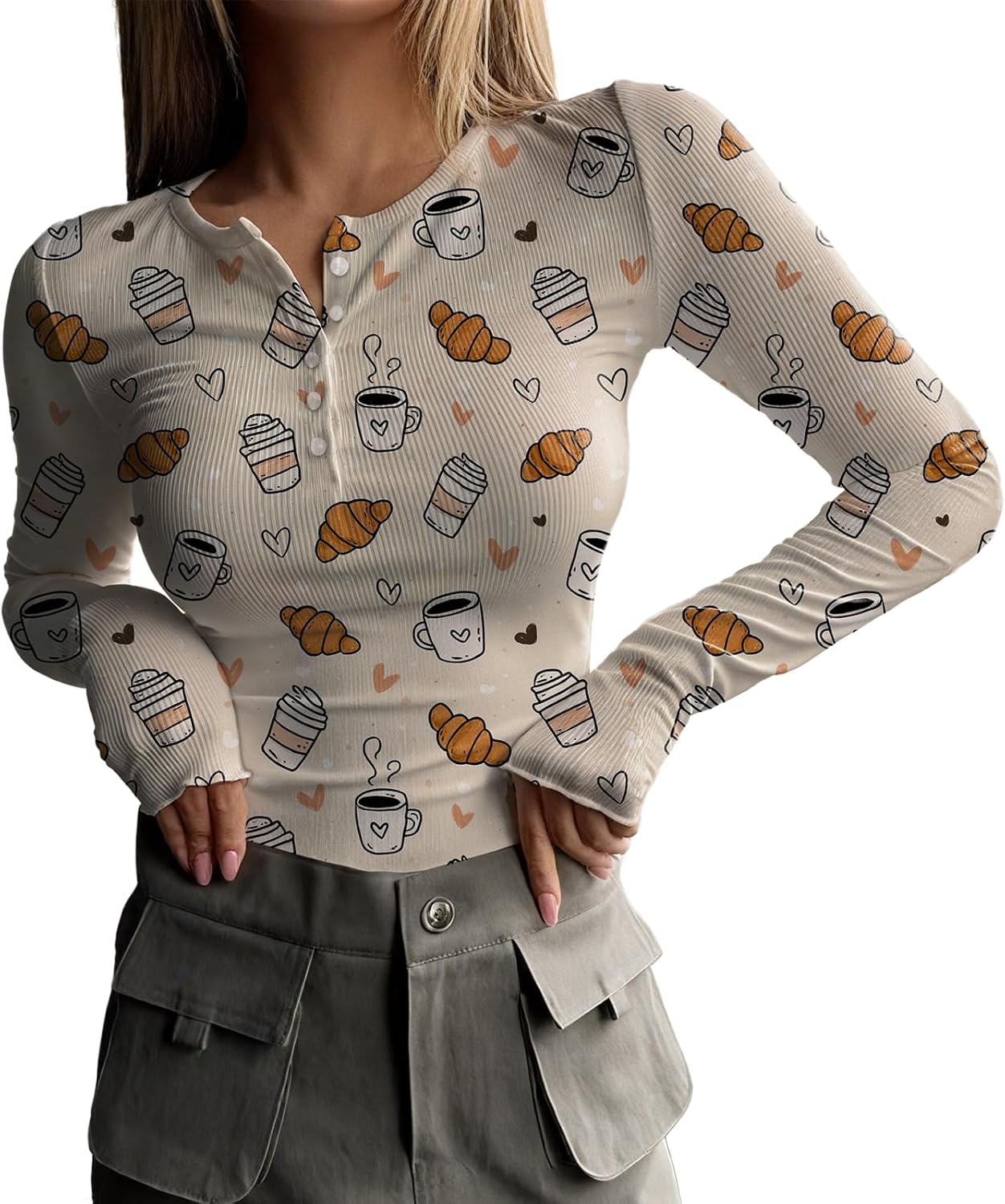 Skiennix Long Sleeve Henley Shirts for Women - Trendy Y2K Print Slim Fit Ribbed Knit Tees
