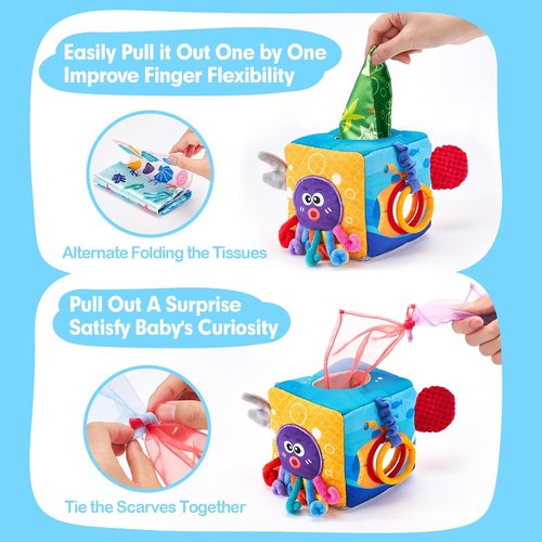 Hahaland Baby Tissue Box Toy - Montessori Sensory Toy for 6-12 Months | Textured Tails, Crinkle, Squeaky, Mirror