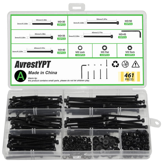 461 Pieces M3 x 30mm /35mm /40mm /45mm /50mm Socket Head Screws M3 Long Screws Metric Screws Bolts Washers Nuts Kit Machine Screw Assortment Kit 12.9 Grade Alloy Steel Fully Threaded for Furniture