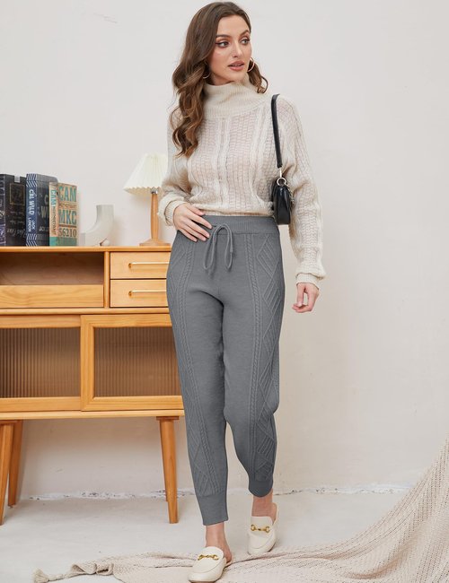 Gihuo Women' s Cable Knit Sweater Pants Long Knit Harem Pants Joggers Drawstring Elastic Waist Stretchy Knit Pants(Grey-Medium)