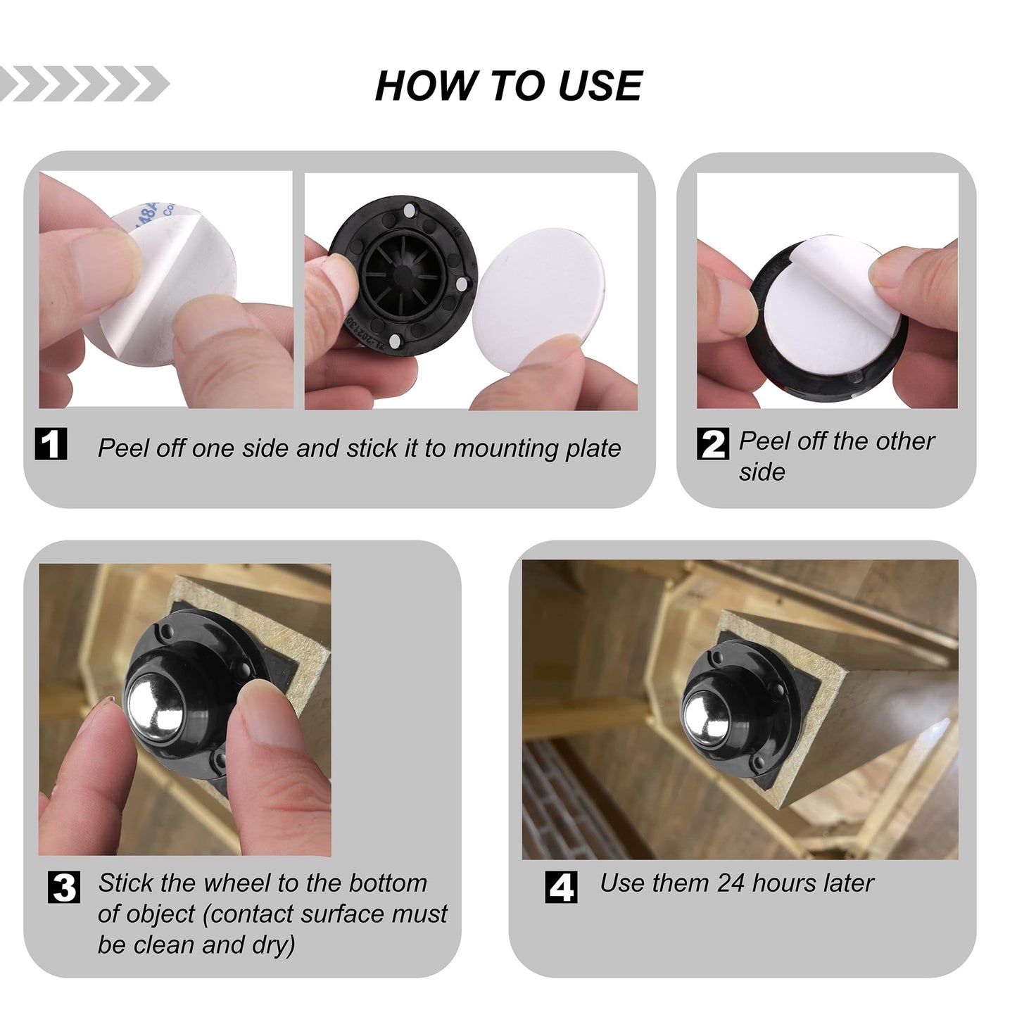 PlusRoc 8 Pack Anti-Rust Wheels Stainless Steel Self Adhesive Caster Wheels for Mop Bucket, Kitchen Appliance Rollers Sliders, Load Capacity 28LBS Per Wheel for Furniture