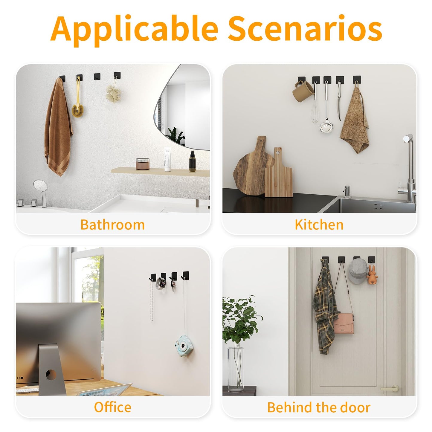 MKO 12 Pack Adhesive Wall Towel Hooks for Bathrooms Small No Damage Stick Hook Stainless Steel Black