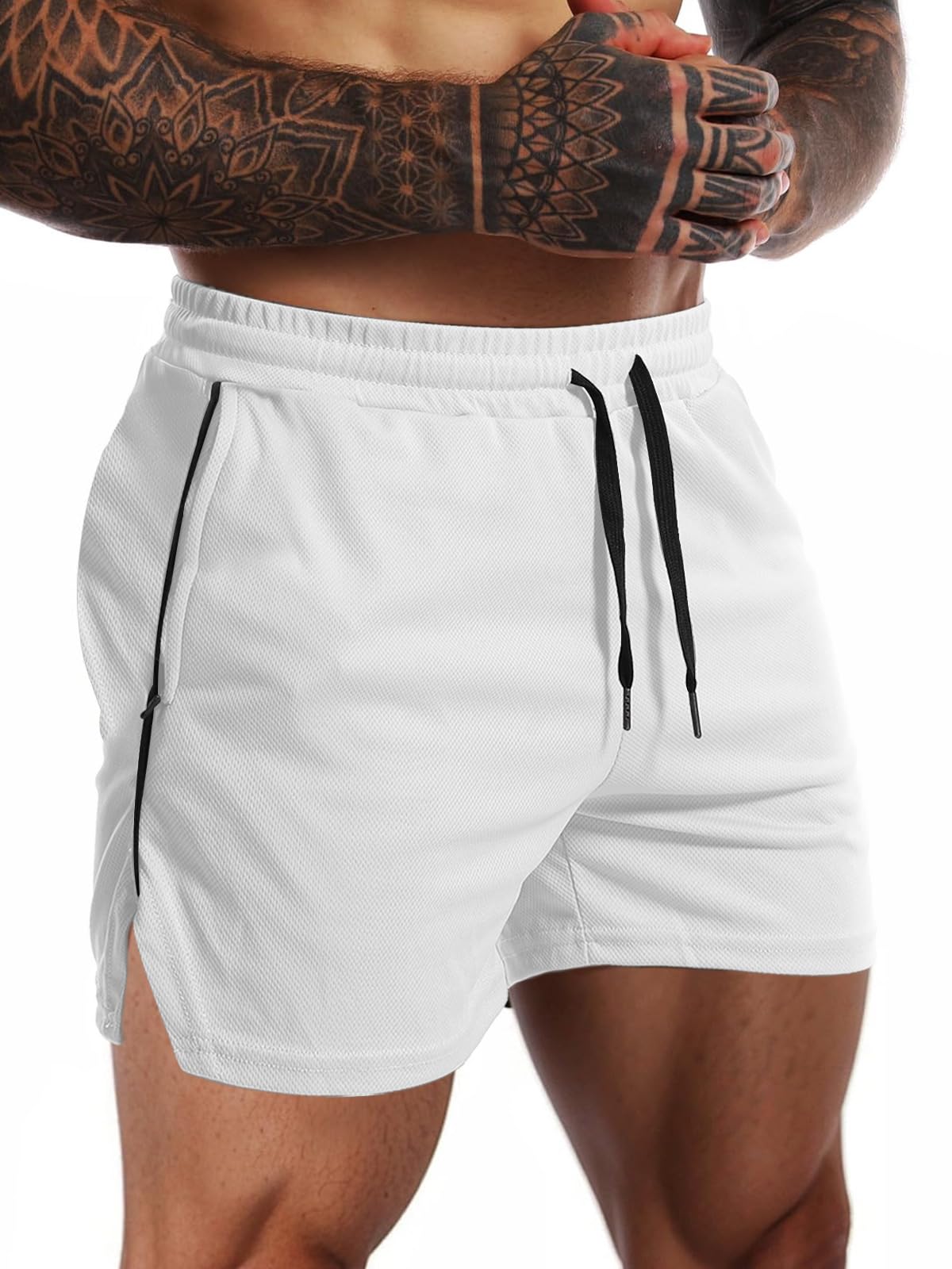 Aolesy Mens Workout Shorts with Zipper Pocket 5 Inch Lightweight Gym Running Shorts Linerless Bodybuilding Training Athletic Shorts White