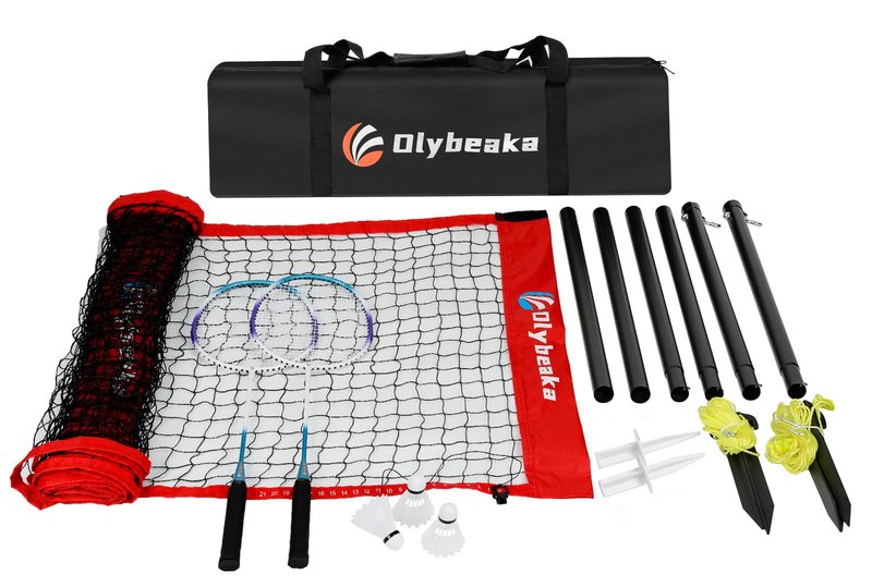 12FT Space-Saving Badminton Net Set - Durable Anti-Sag Net, Heavy Duty Poles, 2 Lightweight Rackets, 3 Shuttlecocks, Easy-Carry Bag - Stable for Backyard/Indoor/Beach (Red, 12ft)