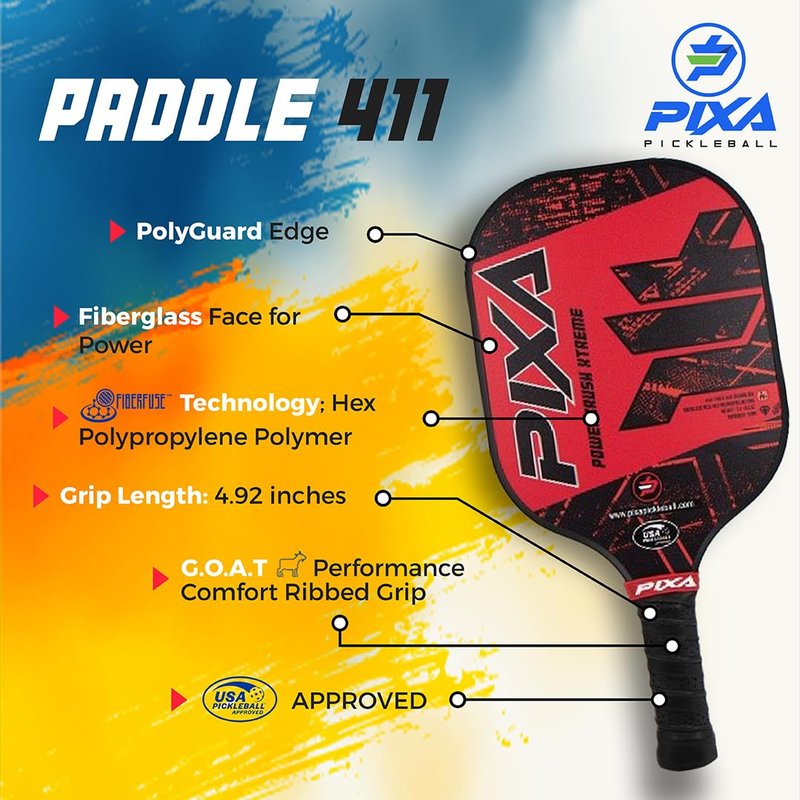 PIXA Powercrush Xtreme Fiberglass Face 13mm Pickleball Paddle with Friction Surface for Great Spin and Control! Beginner/Intermediate; Great Gift!
