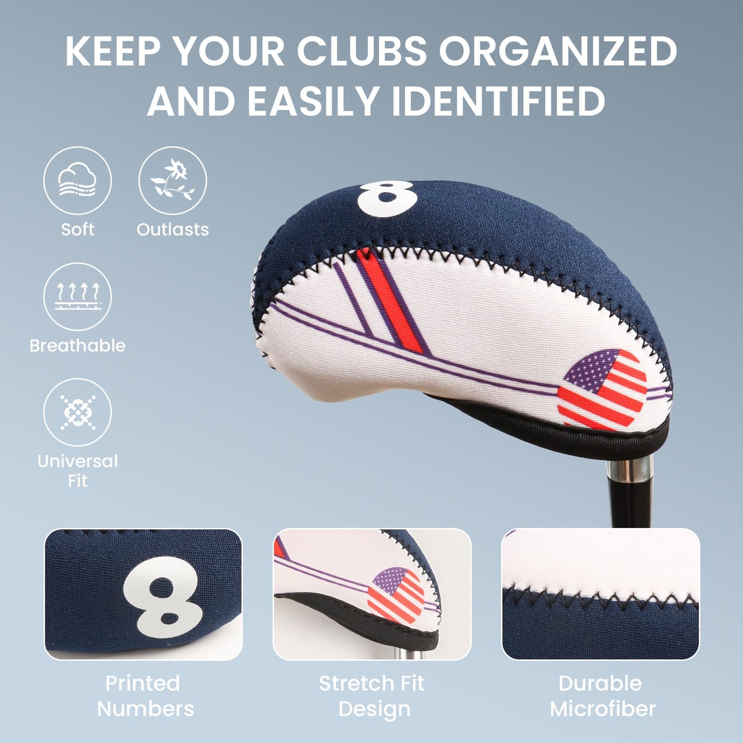 Amy Sport USA Flag Design Golf Iron Head Covers Value 11 Pack, Printed Numbers & Lightweight Wedge Iron Protective Neoprene Headcover, Universal Fit Main Irons Clubs (USA Flag)