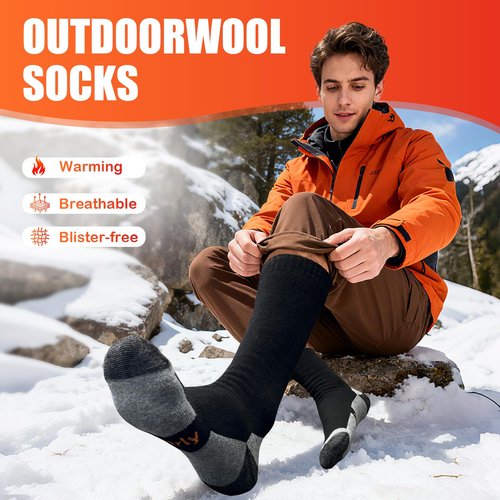 kaciixaa Merino Wool Thermal Socks for Men & Women, 3 Pairs Cushioned Moisture Wicking Crew Boot Socks for Work & Outdoors[Black,L]