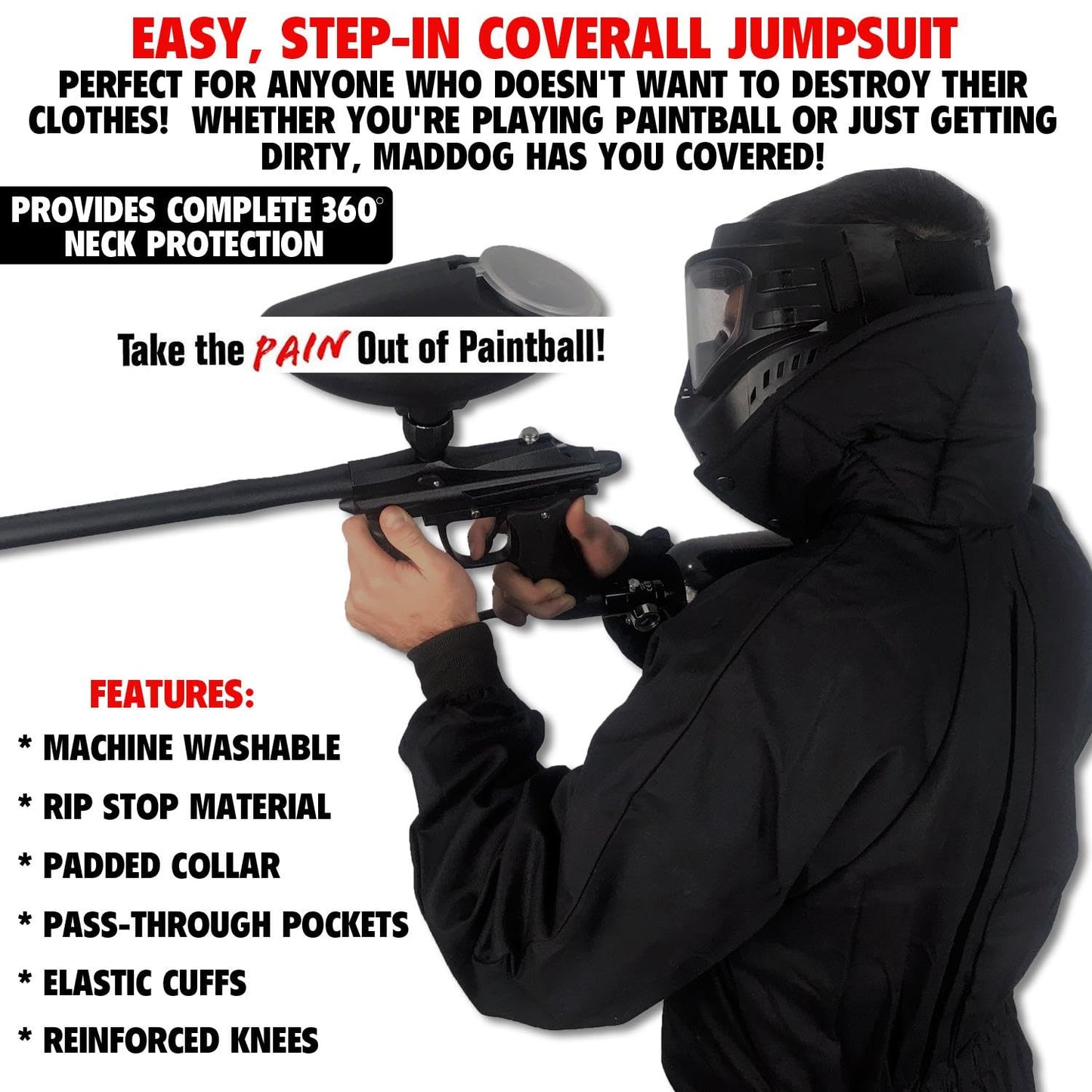 Maddog Durable Ripstop Step-In Coveralls | Full Body Paintball, Airsoft, Mechanic, Outdoor Work Protective Wear Jumpsuit - Tactical Black - X-Small