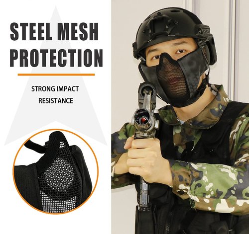 AOUTACC Airsoft Protective Gear Set, Half Face Mesh Mask with Ear Protection and Tactical Goggles for Kid Adult Men Women BBS Paintball Shooting CS Survival Games Cosplay (Black)