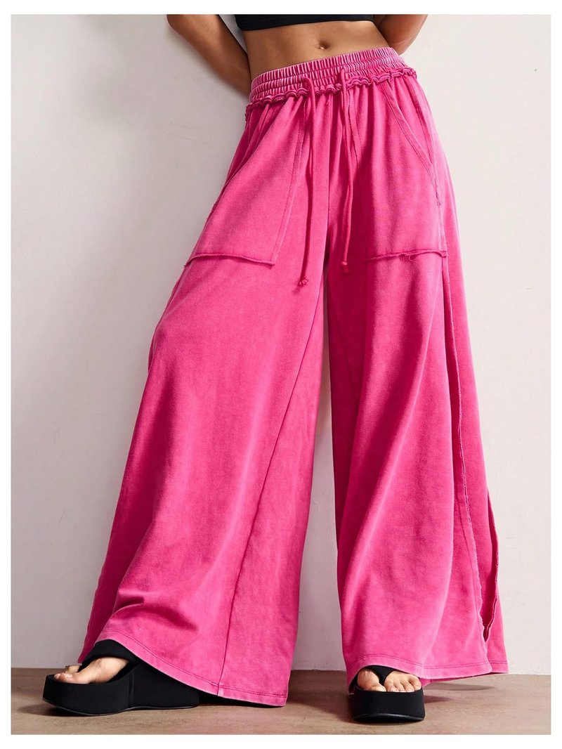 SOLY HUX Women's Wide Leg Baggy Sweatpants Acid Wash Drawstring Elastic Waist Palazzo Long Pants with Pockets Plain Black X-Large