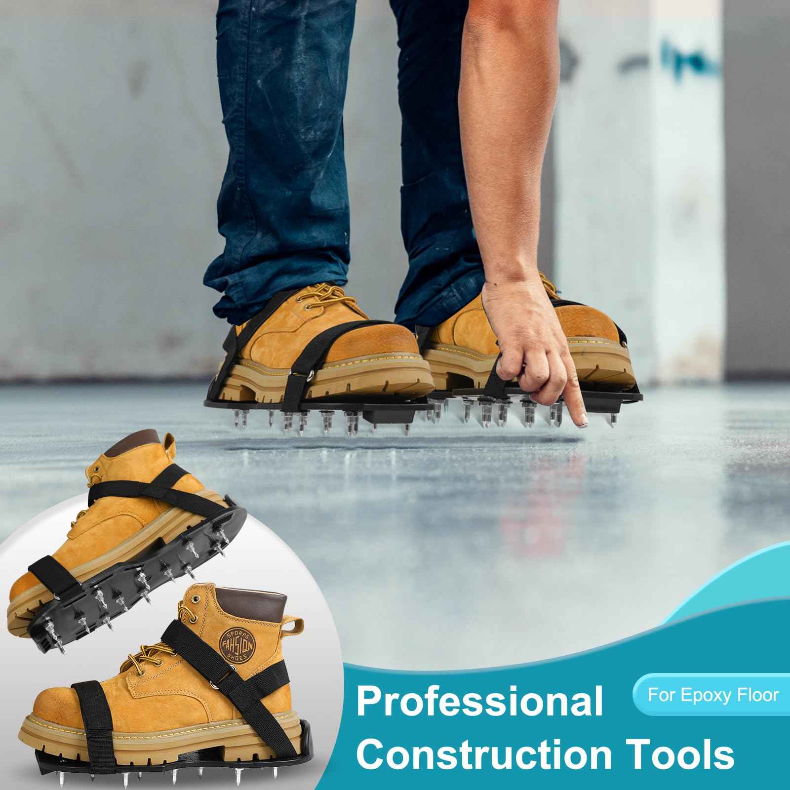 Satisure Epoxy Floor Spiked Shoes with 1" Short Spikes (Fully Assembled) - Non-Slip Adjustable Straps for Self-Leveling Floors, Garage Coating & Overlays, Cover Installation (Black, 1 Pair)