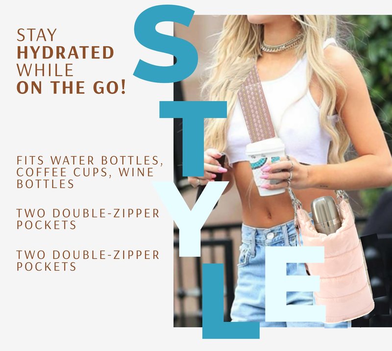 Original Crossbody Water Bottle Bag/Water Bottle Holder Bag/Quilted Puffer Tote Tumbler Holder with Pockets for Phone & Accessories/For walking, hiking, workout/BEST GIFT for woman (Gold)
