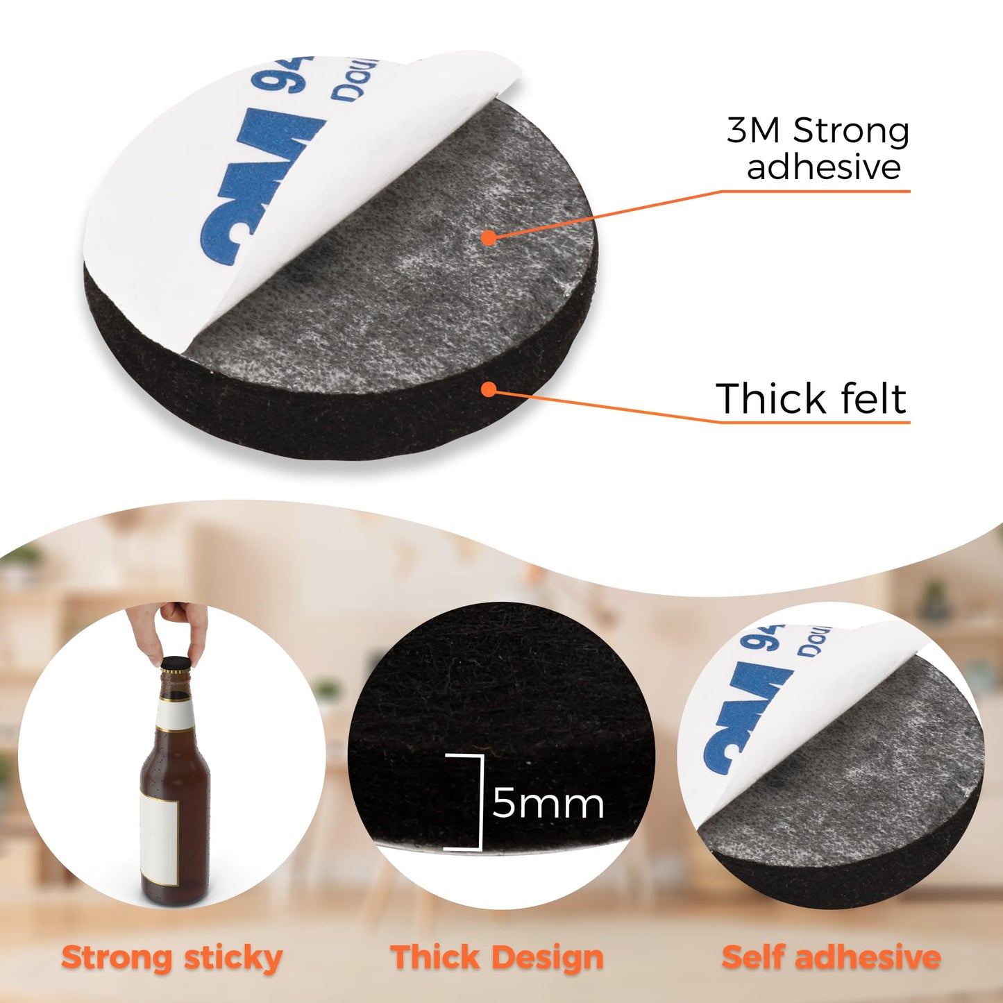 Felt Furniture Pads 120 PCS, Non Slip Self Adhesive Felt Pads Chair Leg Floor Protectors for Furniture Feet Wood Hardwood Floors, 1 inch Round, Black